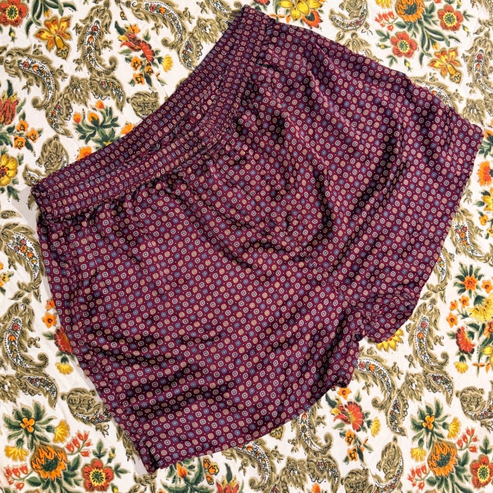 Vintage 100% Silk Boxer Shorts XL Burgundy Geometric Medallion Print Loungewear